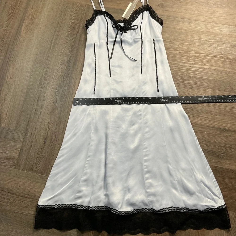 NWT Anthropologie Satin Lace Trim Slip Midi Bow Dress Womens 00 Blue Coquette - Picture 11 of 12